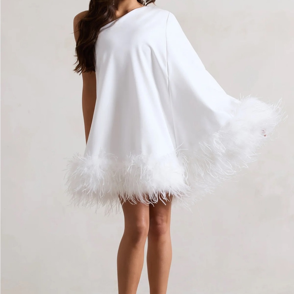 White One-Shoulder Dress W Feather Trim - Picture 2 of 6